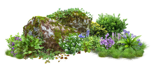 Wall Mural - Cutout rock surrounded by flowers. Garden design isolated on transparent background. Flowering shrub and green plants for landscaping. Decorative shrub and flower bed