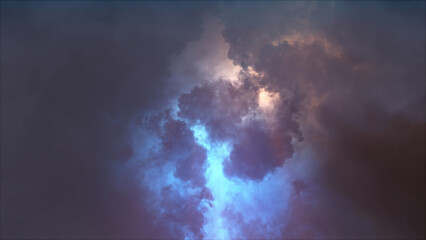 3D rendering of thunderclouds with bright lightning flashes