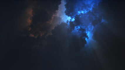 3D rendering of thunderclouds with bright lightning flashes