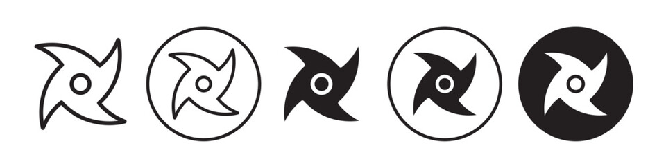 Poster - Ninja star icon. Japanese comic cartoon karate shuriken metal weapon symbol. japan combat warrior fight throw of engraving star cut shape vector. Flat outline set of steel object to kill logo