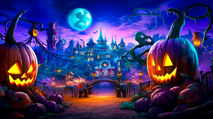 Wall Mural - Halloween scene with pumpkins and bridge in front of castle.