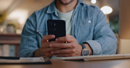 Aufkleber - Man, phone and hands typing at night in online communication, networking or social media at office. Closeup of male person or employee texting, chatting or working late on mobile smartphone app