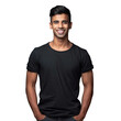 Studio portrait of joyful young man in casual attire Attractive Indian man with contemporary haircut in black shirt standing with arms crossed alone against transparent background gazing at 