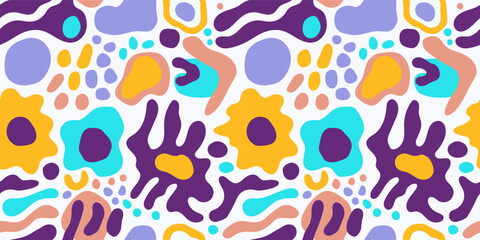 Modern playful vibrant groovy free form shapes and doodle objects seamless vector pattern. Trendy collage elements contemporary design background.