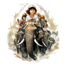 A Heartwarming Mammoth T-shirt Design Portrays A Group Of Diverse Children Riding On The Backs Of Gentle Mammoths, Generative Ai