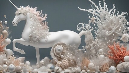 white horse unicorn on the sea shell coral beach