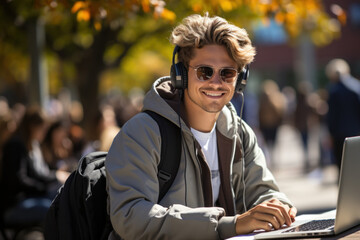 Poster - A student attends a virtual lecture while enjoying the outdoor ambiance, exemplifying the freedom hybrid learning offers. Generative AI.