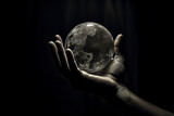 Fototapeta  - Hand holding a glass circular moon on dark background. Intricate details of a moon being displayed in the hand in perspective image.