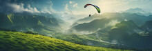 Paraglider Soaring Over Lush Green Landscape, Serenity Meets Thrill, Birds - Eye View, Soft Ambient Lighting Enhancing Textures