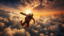 Skydiver In Freefall, Bright Orange Sunset Sky, Adrenaline Rush, Action - Packed