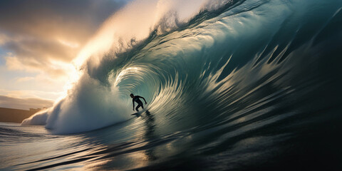 Wall Mural - Surfer riding a massive wave, crystalline blue ocean, sun reflecting off water, cinematic freeze - frame