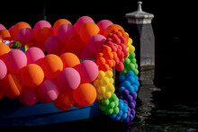 Color Of Gay Pride, Decoration With Colorful Rainbow Balloons On The Boat, Leiden Canal Parade, LGBT Festival, Netherlands