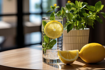 Wall Mural - A person enjoying a refreshing glass of water with lemon, promoting proper hydration as an essential part of a healthy lifestyle. Generative Ai.