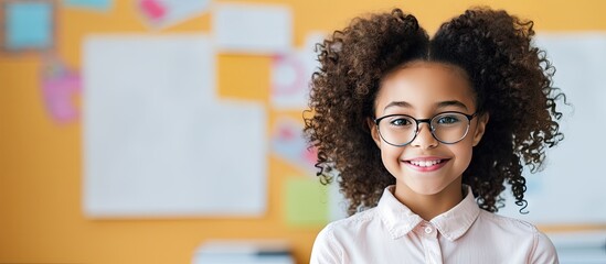 Aufkleber - Inclusive elementary school concept Smiling biracial schoolgirl by whiteboard representing education and childhood with copy space
