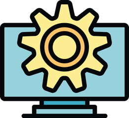 Sticker - Gear team monitor icon outline vector. App code. Service system color flat