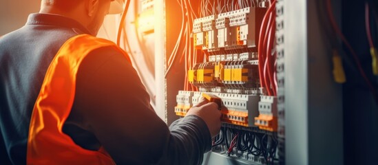 Electrician measuring voltage in fuse board Electrical engineering banner