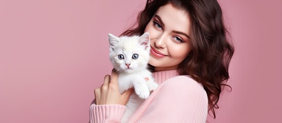Poster - Girl with adorable feline companion against vibrant backdrop