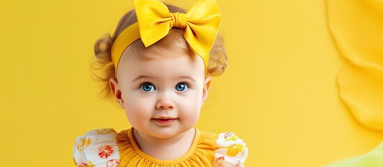 Summer portrait of a lovely baby in a colorful dress adorned with a large yellow bow in her hair Plain studio backdrop with room for text