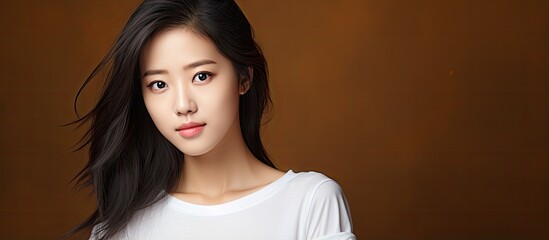 Poster - Close up portrait of an attractive Asian woman with black hair wearing a white T shirt with a brown background and empty spaces