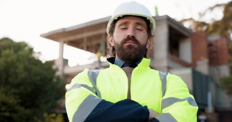 Poster - Confidence, portrait and man in architecture for urban building planning with arms crossed for safety. Civil engineering, real estate and project management, serious contractor on construction site.