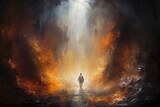 Fototapeta  - Religious biblical concept of human death, soul goes to purgatory, road to heaven, light at the end of the tunnel, road to god, life and death, heaven, heaven and hell .