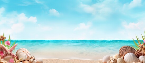 Aufkleber - A stunning beachscape with seashells palm trees and a blue sky perfect for a summer vacation