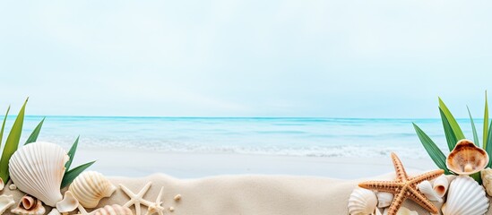 Aufkleber - A stunning beachscape with seashells palm trees and a blue sky perfect for a summer vacation