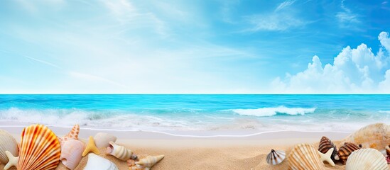 Aufkleber - A stunning beachscape with seashells palm trees and a blue sky perfect for a summer vacation