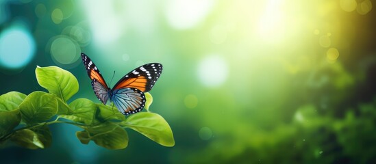 Poster - Butterfly on green leaves nature wallpaper peaceful eco background with shallow focus and copy space