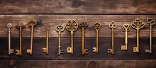 Classic Metal Keys On Wooden Background Suitable For Text