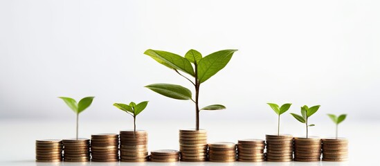 Wall Mural - Coin stacks with a growing seedling showcase the saving money concept