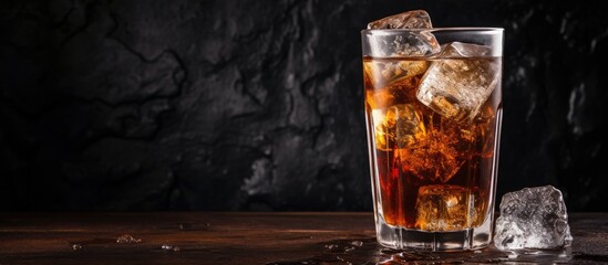 Aufkleber - Cola filled glass on a dark rustic surface with ice