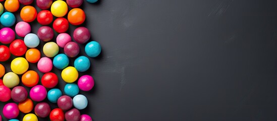 Poster - Colorful candy balls on gray black paper background in horizontal banner format with empty area for text