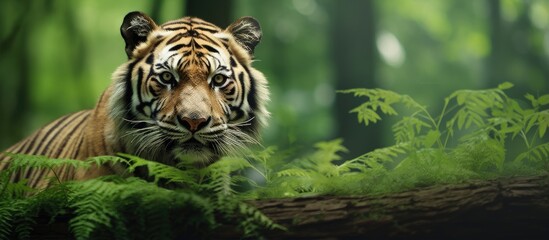 Poster - Composite image with striped text and forest background representing world tiger day and promoting awareness and protection of endangered tigers