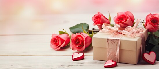 Poster - Decorative hearts roses and a wooden background with a gift box
