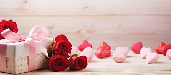 Poster - Decorative hearts roses and a wooden background with a gift box