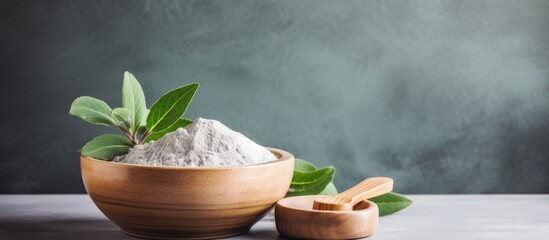 Poster - Eucalyptus spa with salt in wooden bowl on gray background