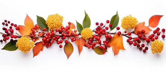 Aufkleber - Fall inspired flat lay of a floral arrangement featuring viburnum rowan berries dogrose fresh flowers colorful leaves and white background