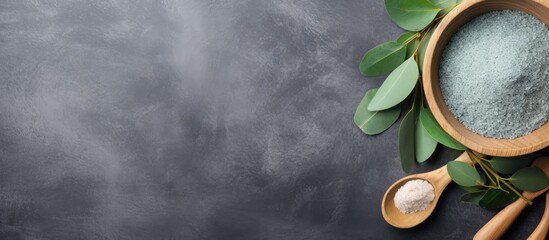 Poster - Eucalyptus spa with salt in wooden bowl on gray background