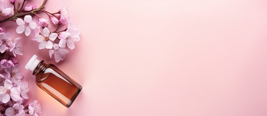 Poster - Flat lay with essential oil flowers and copy space on pink background representing beauty spa and health
