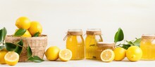 Fresh Lemon Abstract Mix In Baskets And Bowls With Marmalade Jar Promoting Healthy Eating With White Space For Text