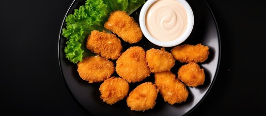 Poster - Fried nuggets with sauce lettuce on black stone Top view
