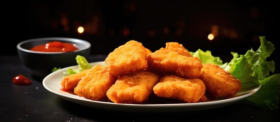Poster - Fried nuggets with sauce and lettuce on a plate dark and low angle view