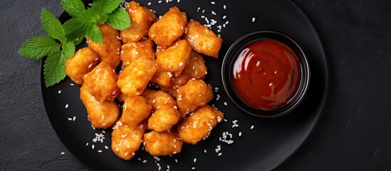 Poster - Fried nuggets with sauce lettuce on black stone Top view