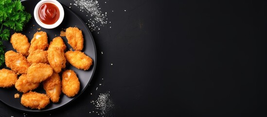 Poster - Fried nuggets with sauce lettuce on black stone Top view