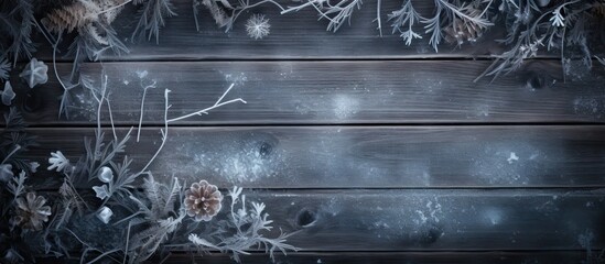 Poster - Frozen plants on dark wooden surface