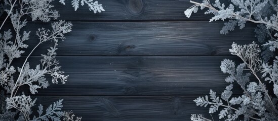 Poster - Frozen plants on dark wooden surface