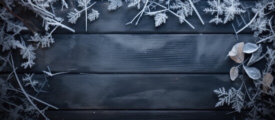 Poster - Frozen plants on dark wooden surface