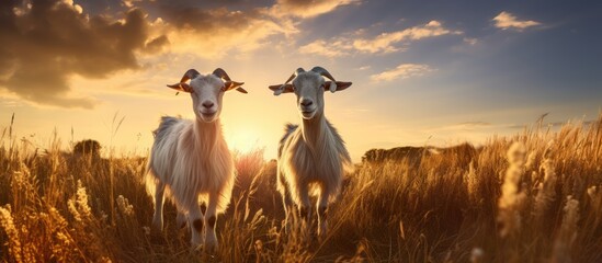 Poster - Goats in field at sunset