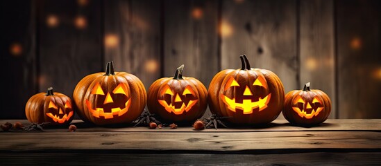 Poster - Halloween pumpkins on wooden surface with room for text